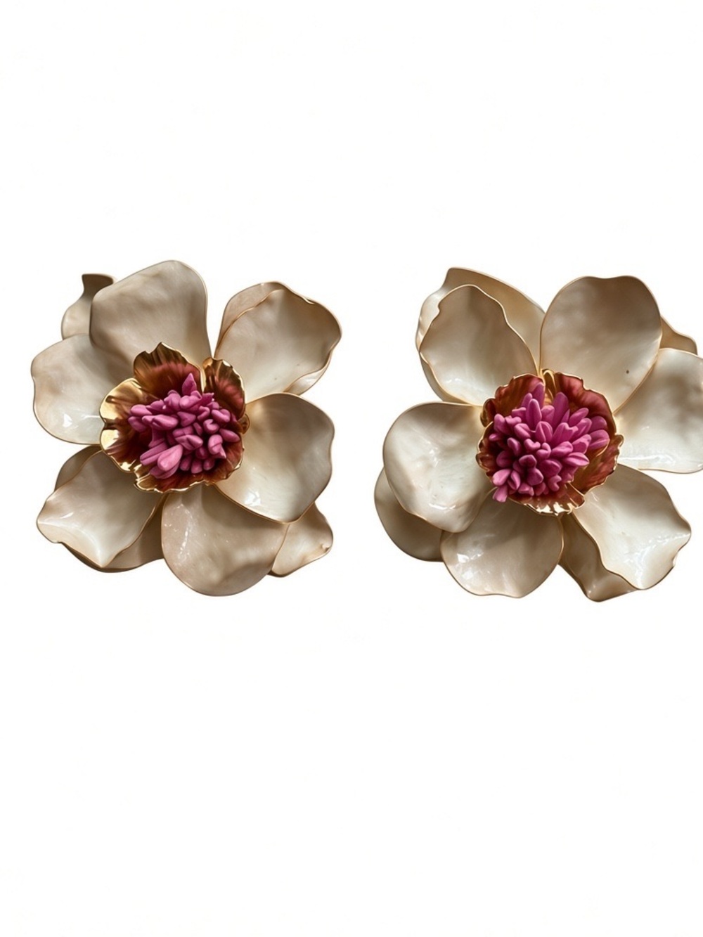 Pink-Center Cream Floral Statement Earrings